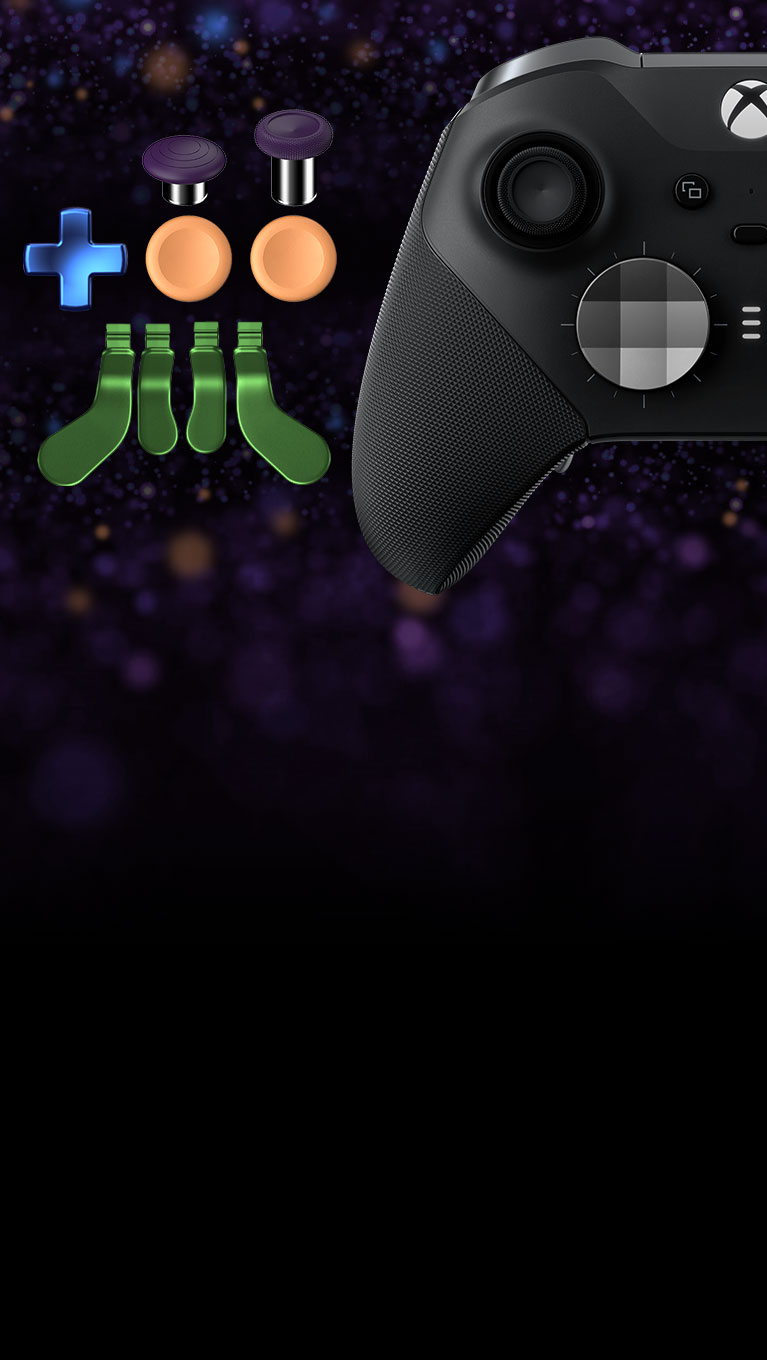 Un Mando inalámbrico Xbox Elite Series 2 junto a componentes compatibles de Xbox Design Lab Elite.