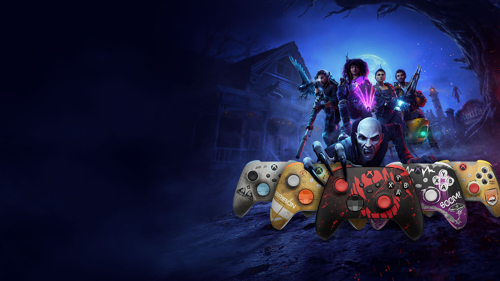 Redfall. Vampyyri kurkottaa kohti yhtä Xbox Design Labin Redfall Limited Edition -ohjainta.