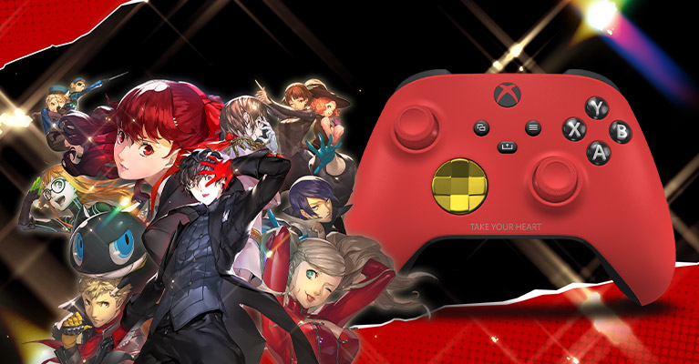 Persona 5. Joker poses with other Persona 5 characters as lights glitter all around them alongside an Xbox Wireless Controller customized with Xbox Design Lab.
