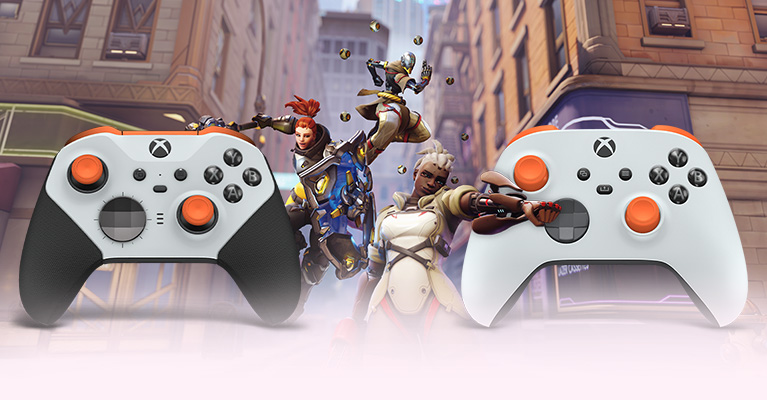 Overwatch 2. Overwatch heroes charge forward between an Xbox Elite Wireless Controller Series 2 and Xbox Wireless Controller customized with Xbox Design Lab.