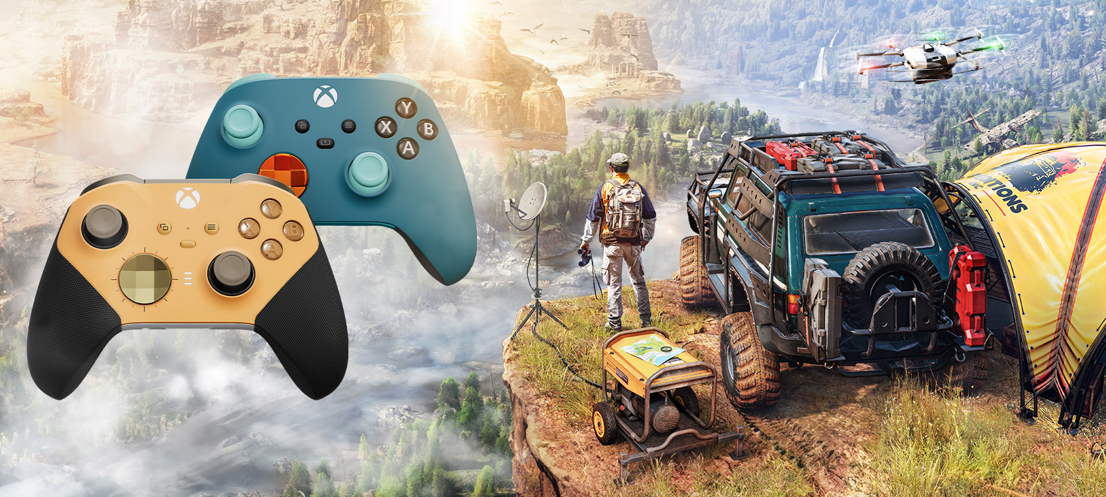 Expeditions: A Mudrunner game. An explorer looks out over a diverse landscape next to two controllers customized with Xbox Design Lab.