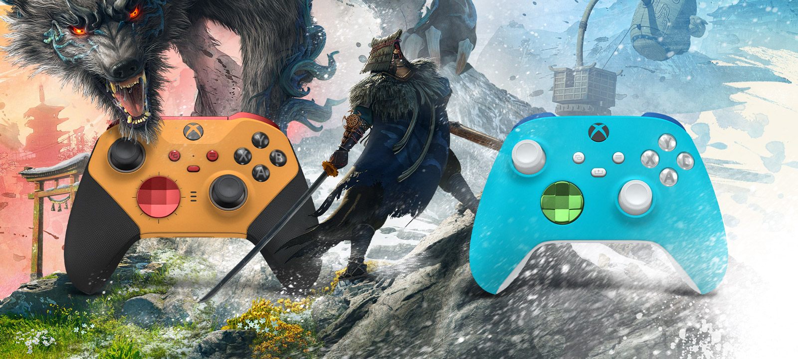 An Xbox Elite Wireless Controller Series 2 and Xbox Wireless Controller customized with Xbox Design Lab in front of a warrior and beast from WILD HEARTS.