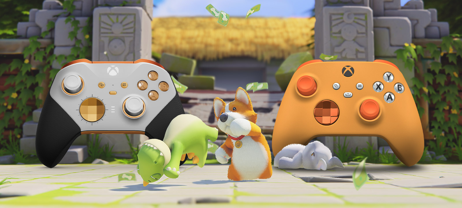 Party Animals. Trojica rozkošných zvieratiek uprostred ruvačky pred dvoma ovládačmi prispôsobenými v službe Xbox Design Lab.