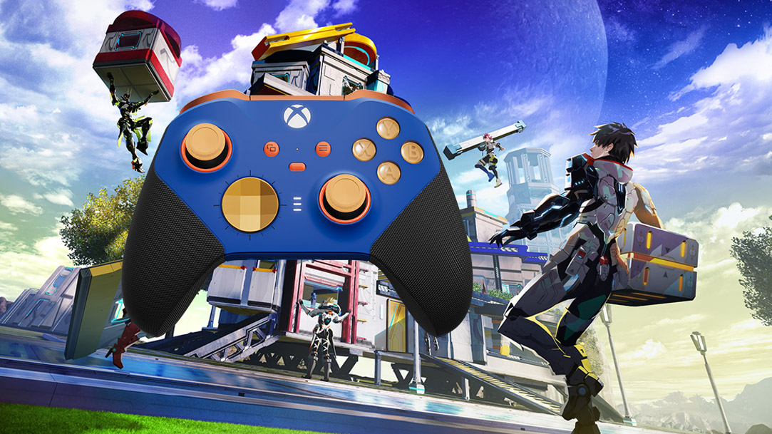 Phantasy Star Online 2 New Genesis Ver. 2. Various armored characters float around a new construction under a large planet in the sky. An Xbox Elite Wireless Controller Series 2 sits prominently in front of the building.