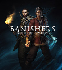 Banishers: Ghosts of New Eden-Logo. Antea und Red stehen zusammen und halten sich an den Händen.