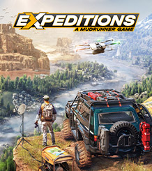 Logo Expeditions: A Mudrunner Game. Průzkumník se dívá do členité krajiny vedle svého terénního vozidla, dronu a stanu.
