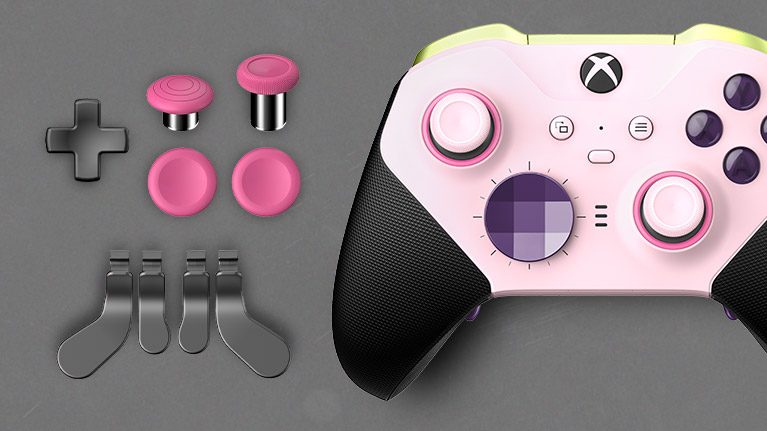 Mando inalámbrico Xbox Elite Series 2 personalizado mediante Xbox Design Lab, junto a componentes individuales personalizables, como palancas de mando, cruceta y palancas posteriores.