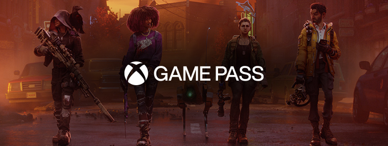 Redfall. Jacob, Layla, Remi, and Devinder walk down the street of Redfall with their weapons in hand. Xbox Game Pass logo.