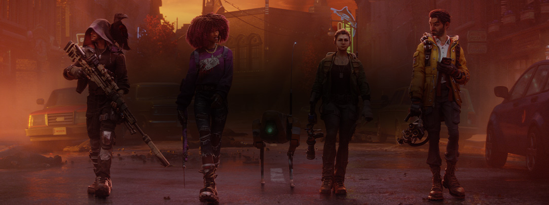 Redfall. Jacob, Layla, Remi a Devinder kráčajú po redfallskej ulici so zbraňami v rukách. Logo Xbox Game Pass.