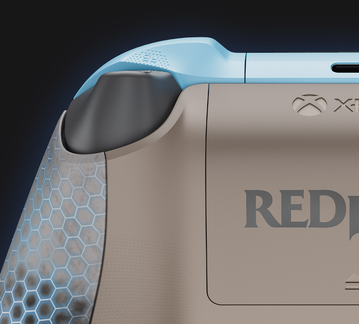 Back view of a Redfall Limited Edition controller design, featuring customized triggers, bumpers, and a battery door.