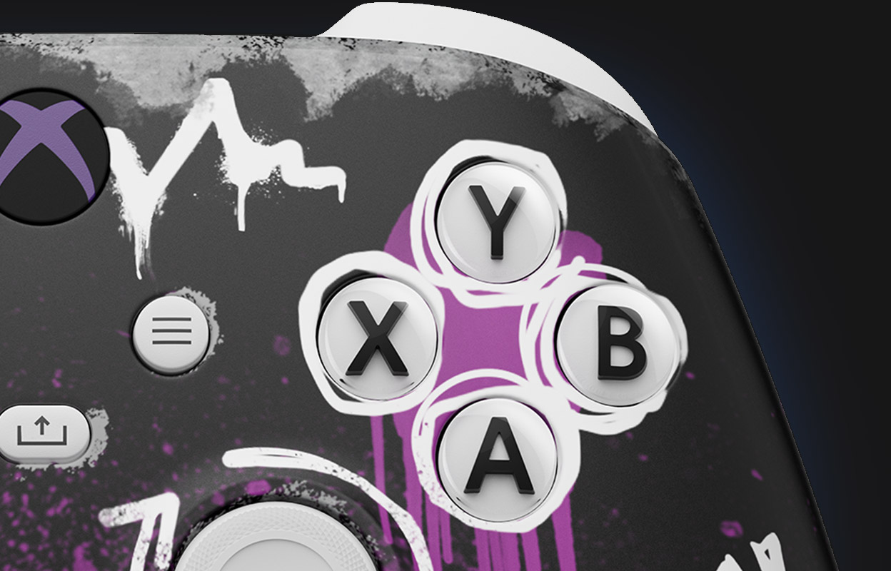 Front view of the ABXY buttons on a Redfall Limited Edition controller design.