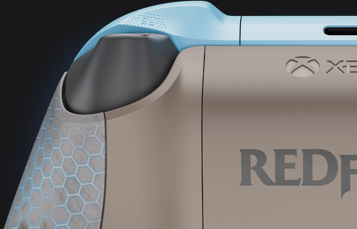 Back view of a Redfall Limited Edition controller design, featuring customised triggers, bumpers and a battery door.