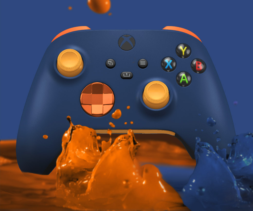 En blå og orange Xbox-controller sammen med blåt og orange væske, der plasker nedenunder.