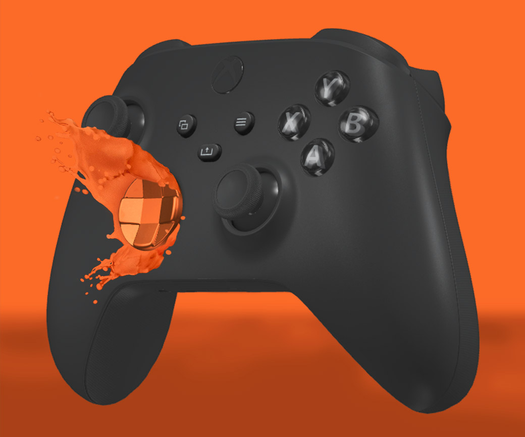 Schwarzer Xbox-Controller mit metallic-orangefarbenen Steuerkreuzen, die orangefarbene Flüssigkeit verspritzen.